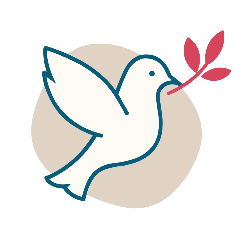 Illustration d'une colombe blanche tenant un rameau, symbole de paix et d'espoir.