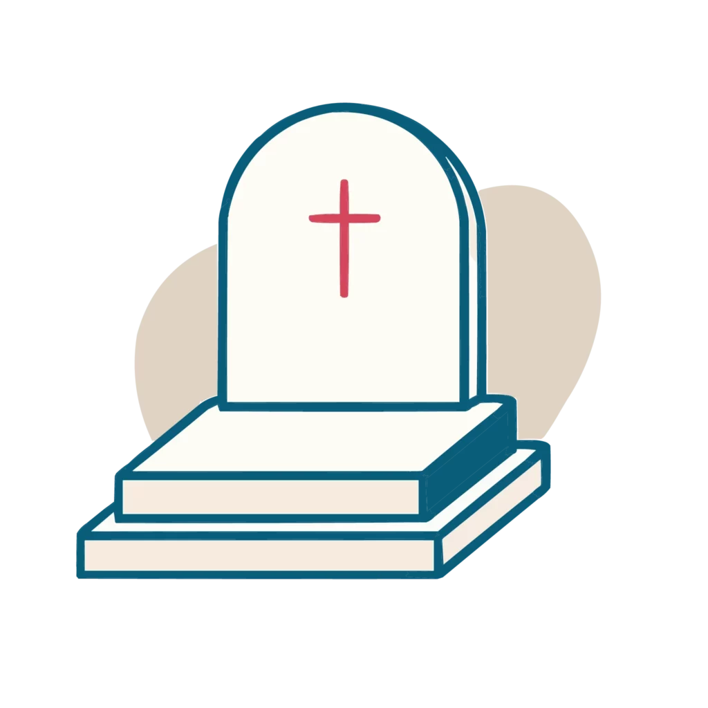 Illustration minimaliste d'une pierre tombale en marbre surmontée d'une croix chrétienne.